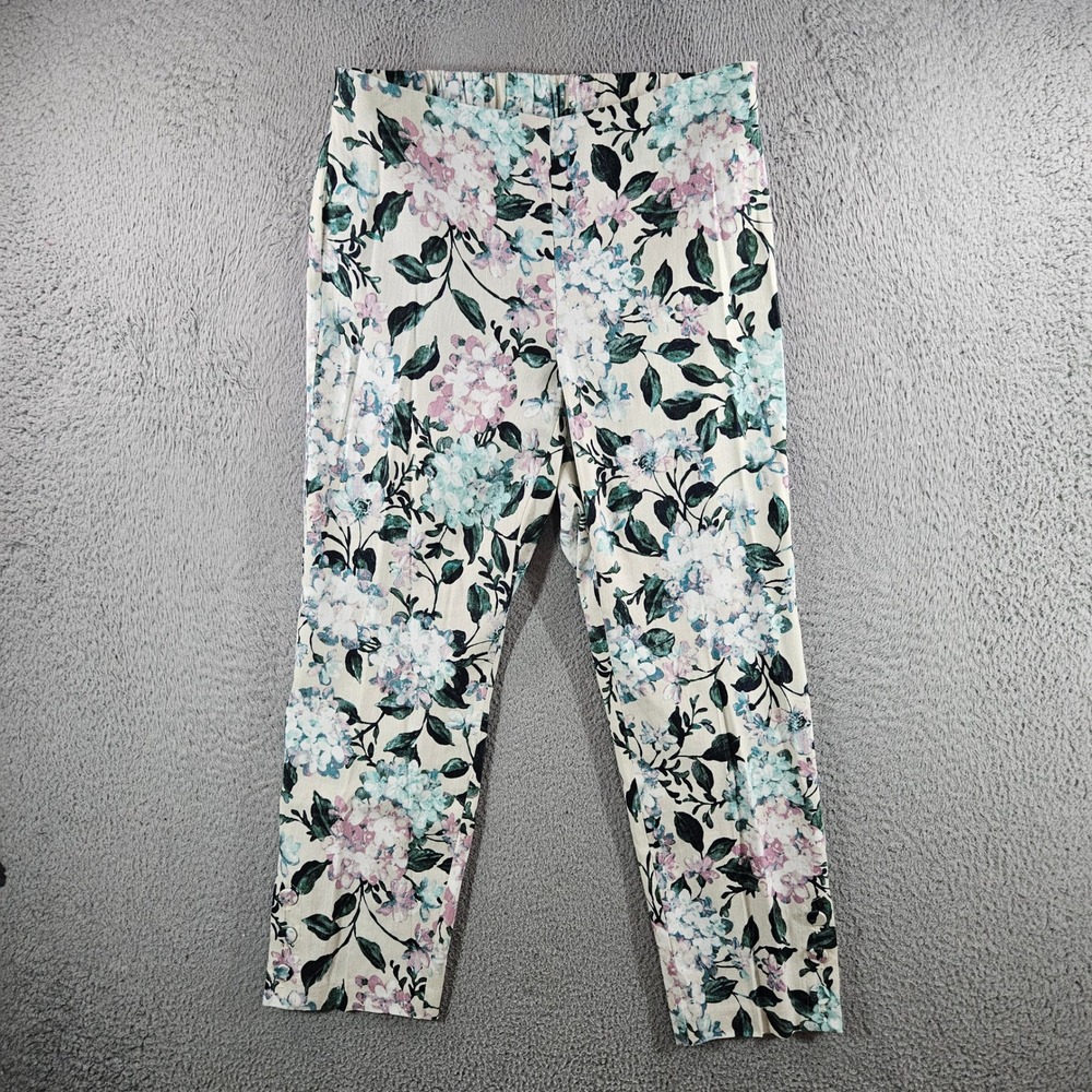 J. Jill Linen Stretch Floral Hydrangea Ankle Pants Cream Pink Blue Size S